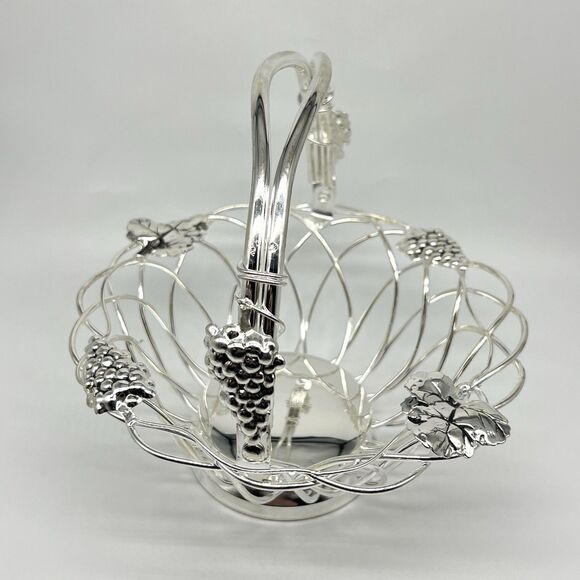 VTG Studio Silversmiths Silverplated Wire Round Basket Grape Clusters & Leaves - Picture 5 of 15